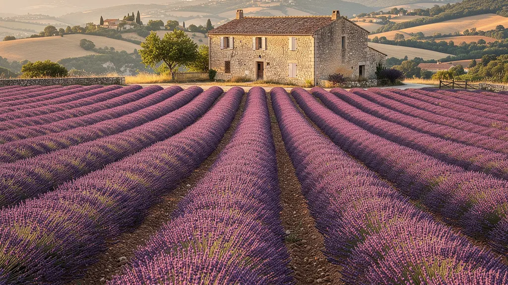 Champs de lavande en fleurs avec mas provençal en arrière-plan dans le Luberon